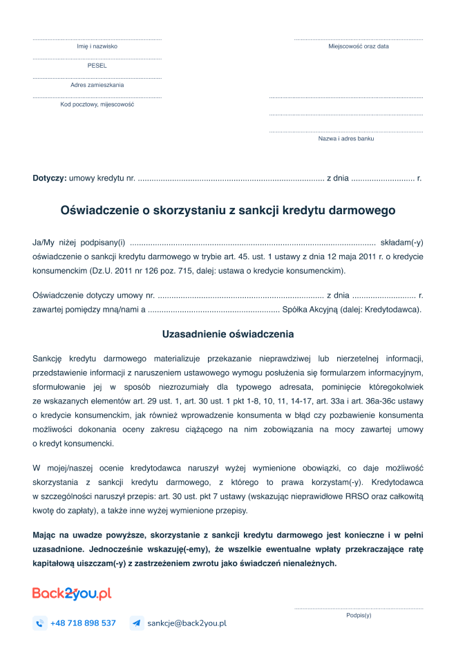 Wniosek o skorzystanie z sankcji kredytu darmowego
